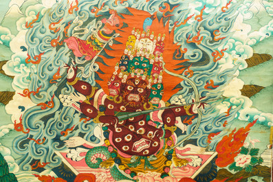 Un thangka &agrave; d&eacute;cor de Rahula dans son cadre, Tibet, 19&egrave;me