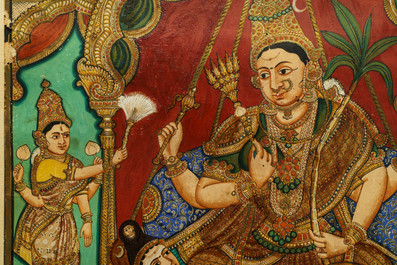 Thanjavur school, South India, pigment and gold leaf on paper, 19/20th C.: 'Vishnu and Lakshmi'