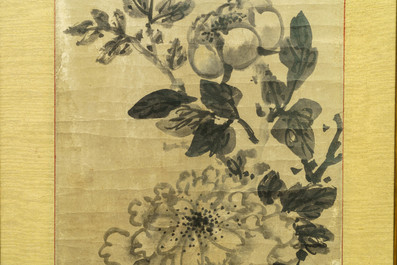 Chinese school, naar Mi Fu (1051-1107), inkt op papier, Qing: 'Bloeiende pioenrozen'