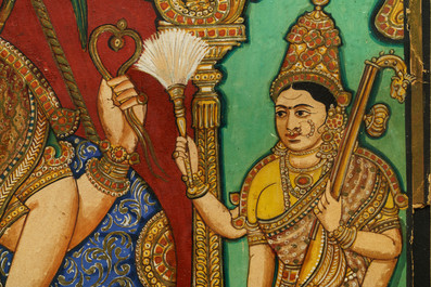 Thanjavur school, South India, pigment and gold leaf on paper, 19/20th C.: 'Vishnu and Lakshmi'
