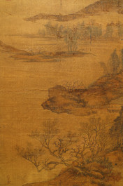 Chinese school, signed Wang Song, after Zhao Danian, ink and colour on silk, Qing: 'An early morning in spring'