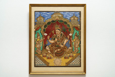 Thanjavur school, South India, pigment and gold leaf on paper, 19/20th C.: 'Vishnu and Lakshmi'