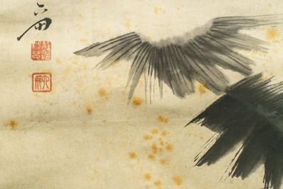 Ecole chinoise, sign&eacute; Su Liupeng (1791-1862), encre et couleurs sur papier: 'Deux lettr&eacute;s aupr&egrave;s d'un rocher'