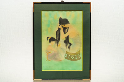 Mai Long (Vietnam, 1931): 'Moeder en kind' en 'Vissen in de rivier', inkt en aquarel op zijde