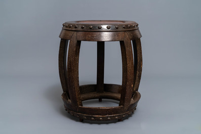 A Chinese carved hardwood stand with rootwood top, 19th C.