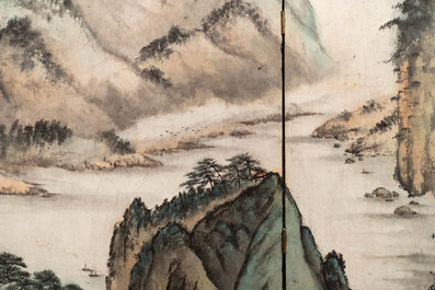 Chinese school, signed Tan Xun, 20th C., ink and colour on paper mounted as screen: 'Mountain landscape'