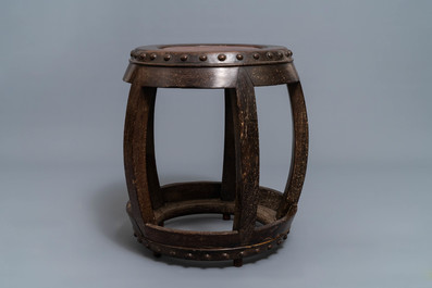 A Chinese carved hardwood stand with rootwood top, 19th C.