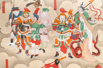 Chinese school, ink and colour on paper, Qing: 'Warriors and deities in heaven'