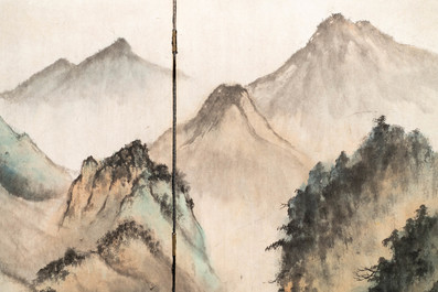 Chinese school, signed Tan Xun, 20th C., ink and colour on paper mounted as screen: 'Mountain landscape'