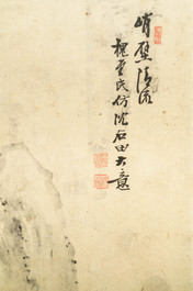 Chinese school, signed Chen Shizeng (Chen Hengke)(1876-1923), ink on paper: 'Mountain landscape after Shen Zhou'