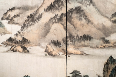 Chinese school, gesign. Tan Xun, 20e eeuw, inkt en kleur op papier als scherm: 'Berglandschap'