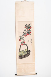 Chinese school, ink and watercolour on paper, 20th C.: 'Lychees and a fruit basket'