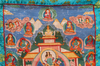 Een collectie van vijf thangkas, Tibet, 19/20e eeuw