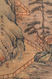 Chinese school, naar Qiu Ying (c.1494-1551/52), inkt en kleur op zijde: 'bergachtig landschap', met inscriptie en gedat. 1545