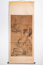 Ecole chinoise, d'apr&egrave;s Ma Shijun (1609-1666), dat&eacute; 1867, encre et couleurs sur soie: 'paysage aux figures'