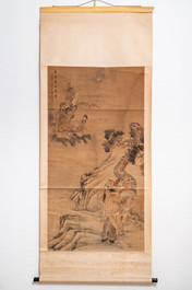 Chinese school, naar Ma Shijun (1609-1666), gedat. 1867, inkt en kleur op papier: 'figuren in een landschap'