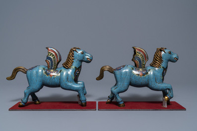 Two pairs of Chinese cloisonn&eacute; 'phoenix and winged horse' incense burners, 19th C.