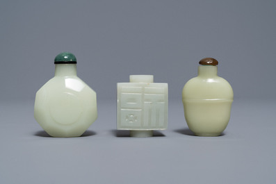 Three Chinese pale celadon jade snuff bottles, 19th C.