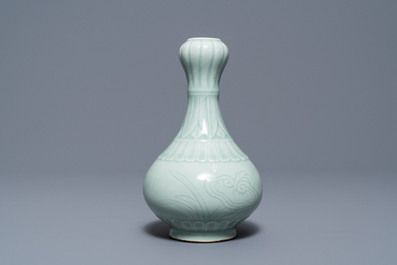 Three Chinese monochrome celadon vases, Yongzheng and Qianlong marks, 19/20th C.