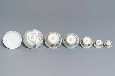 Five Chinese famille rose nesting cups and a Wu Shuang Pu cup and saucer, 19th C.