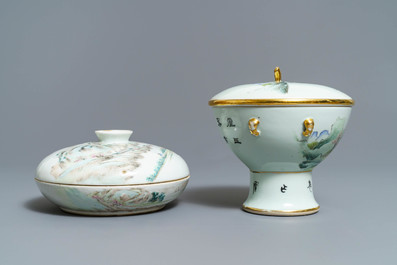 A Chinese qianjiang cai spice box and a warming bowl on foot, 19/20th C.