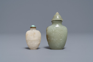 Two Chinese Mughal-style white and celadon jade snuff bottles, 19th C.
