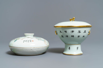 Een Chinese qianjiang cai specerijendoos en een warmhoudkom op voet, 19/20e eeuw