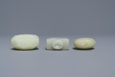 Three Chinese pale celadon jade snuff bottles, 19th C.