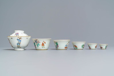 Five Chinese famille rose nesting cups and a Wu Shuang Pu cup and saucer, 19th C.