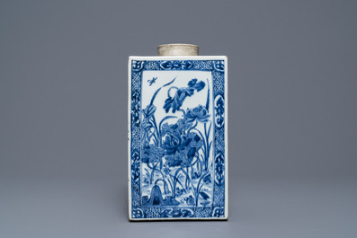 A large square Chinese blue and white tea caddy with floral design, Kangxi