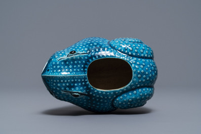 A Chinese turquoise-glazed model of a toad, a cat and a blue and white snuff bottle, Kangxi and 19th C.