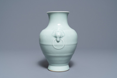 A Chinese monochrome celadon vase, 'hu', Qianlong mark, 19/20th C.