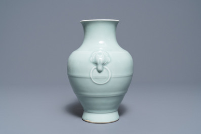 A Chinese monochrome celadon vase, 'hu', Qianlong mark, 19/20th C.