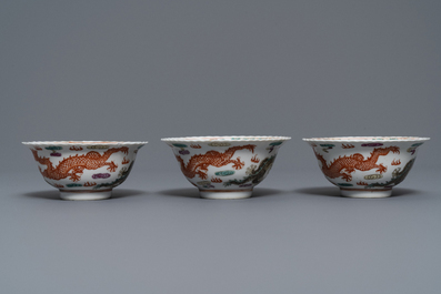 Six Chinese Straits or Peranakan famille rose bowls with dragons, Qianlong mark, 19th C.
