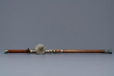A Chinese jade and semi-precious stones inlaid bamboo opium pipe, 19th C.