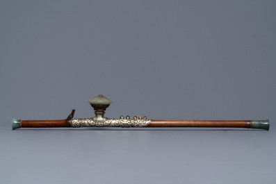 A Chinese jade and semi-precious stones inlaid bamboo opium pipe, 19th C.