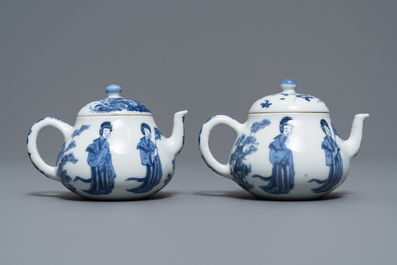 A pair of Chinese blue and white 'Long Eliza' teapots, 'Qing Yu Tang Zhi' mark, Kangxi