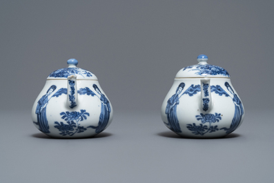 Een paar Chinese blauw-witte theepotten met 'Lange Lijzen', 'Qing Yu Tang Zhi' merk, Kangxi