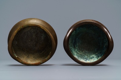 Two Chinese bronze tripod censers, Xuande marks, 19th C.