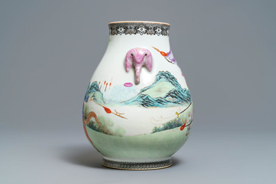 A Chinese famille rose hu vase with warriors on horseback, Qianlong mark, Republic, 20th C.