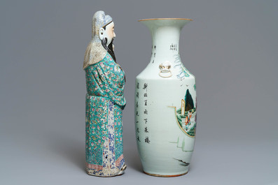 A Chinese famille rose vase and a figure of Fu Xing, 19th C.