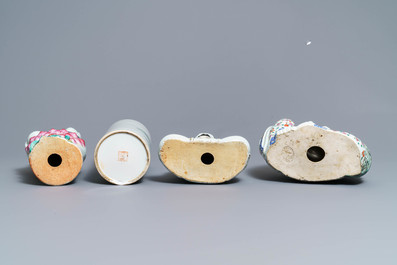 Trois figures en porcelaine de Chine famille rose et un porte-chapeau qianjiang cai, 19/20&egrave;me