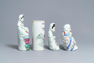 Three Chinese famille rose figures and a qianjiang cai hat stand, 19/20th C.