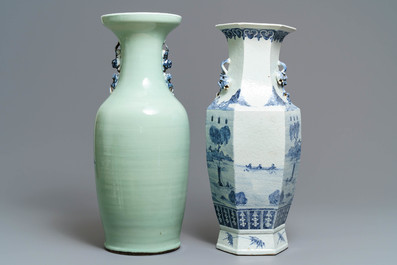 Twee Chinese vazen met blauw-wit en celadon decor, 19e eeuw