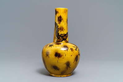 A Chinese yellow-ground bottle vase with a dragon, Qianlong mark, 19/20th C.