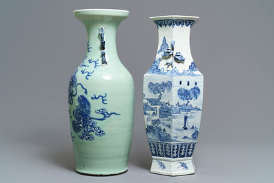Deux vases en porcelaine de Chine bleu et blanc et c&eacute;ladon, 19&egrave;me