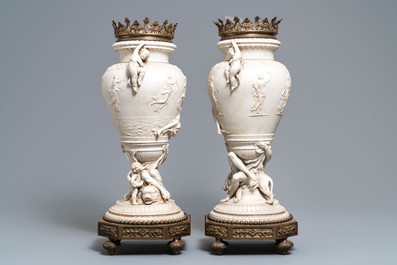 A pair of large bronze-mounted biscuit vases, signed Jammes, France, 19th C.