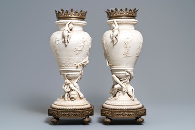 Une paire de vases en biscuit aux montures en bronze, sign&eacute;s Jammes, France, 19&egrave;me