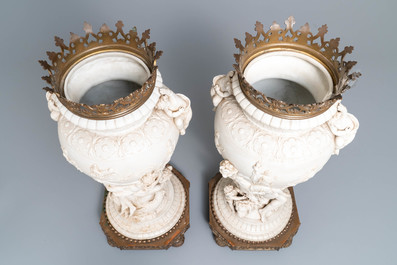 A pair of large bronze-mounted biscuit vases, signed Jammes, France, 19th C.