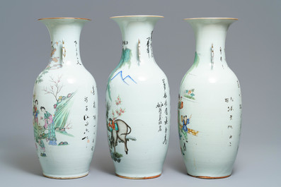 Three Chinese famille rose vases with figural design, 19/20th C.